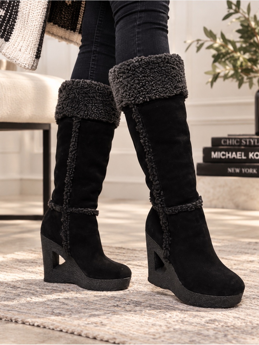 Michael Kors Knee High Suede & Shearling Wedge‎ Cutout Heel Boots